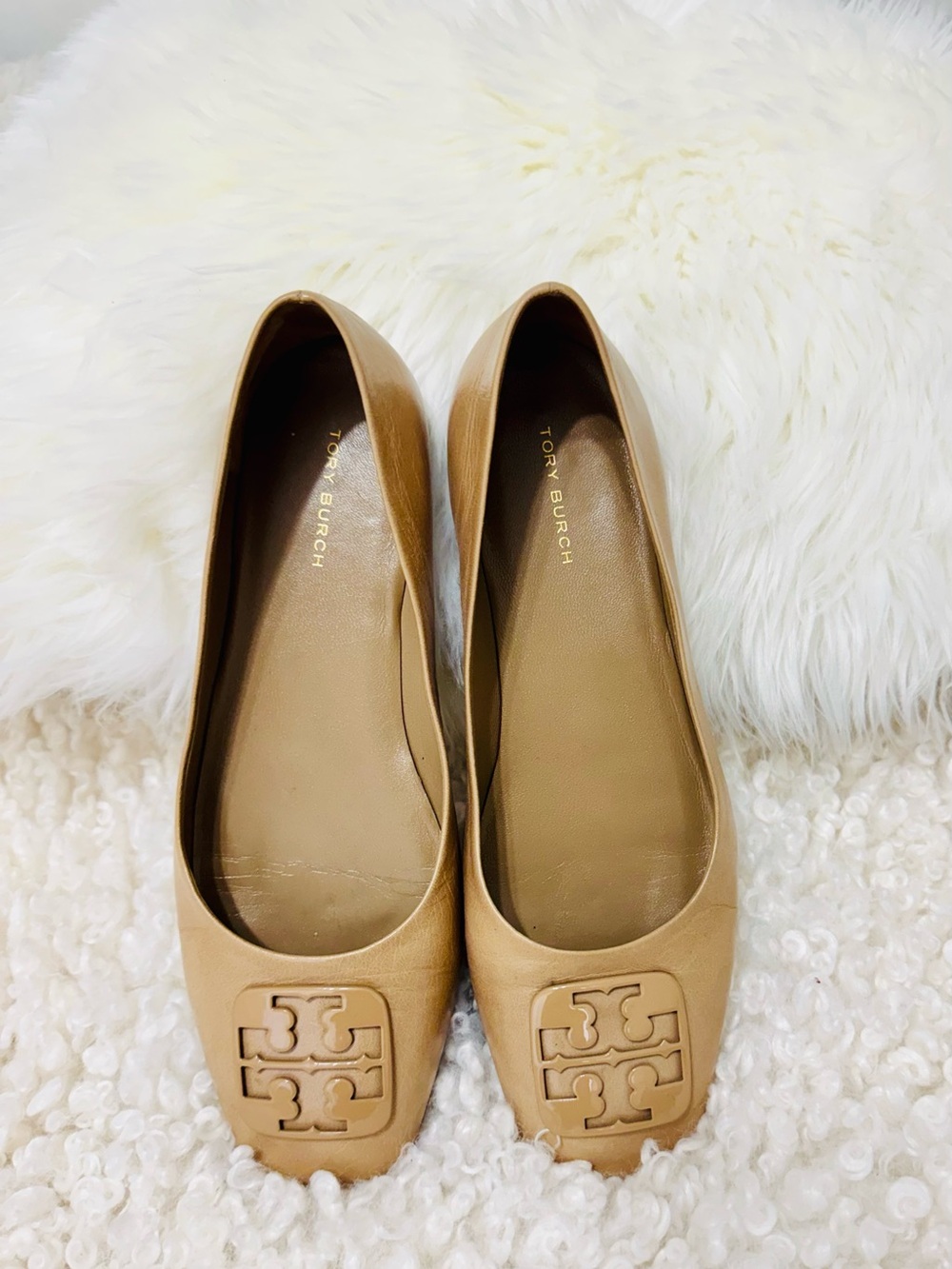 Tory Burch Beige Leather Logo Ballet Flats